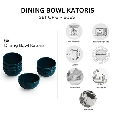 'Teal Forest' Hand Glazed Ceramic Dinner Bowls/Katoris (Set of 6, 120 ml, Hand-Etched, Microwave Safe)