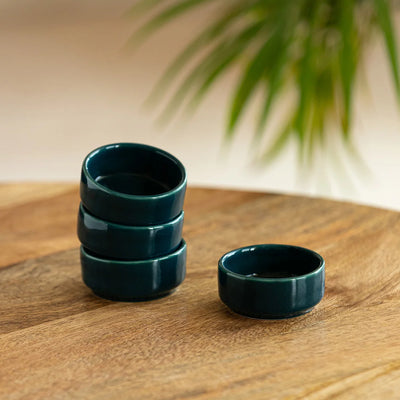 'Teal Forest' Hand Glazed Ceramic Chutney & Dip Bowls (Set of 4, 30 ml, Microwave Safe)