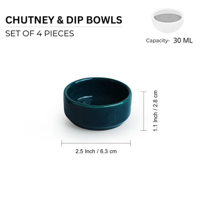 'Teal Forest' Hand Glazed Ceramic Chutney & Dip Bowls (Set of 4, 30 ml, Microwave Safe)