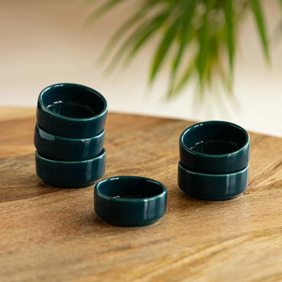 'Teal Forest' Hand Glazed Ceramic Chutney & Dip Bowls (Set of 6, 30 ml, Microwave Safe)