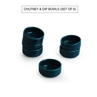 'Teal Forest' Hand Glazed Ceramic Chutney & Dip Bowls (Set of 6, 30 ml, Microwave Safe)