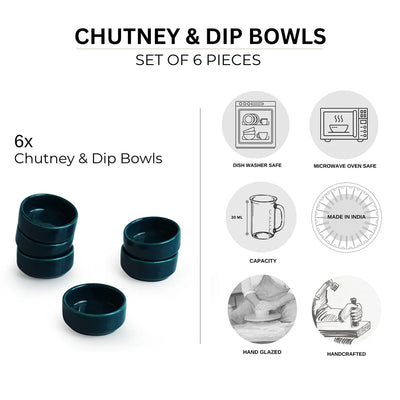 'Teal Forest' Hand Glazed Ceramic Chutney & Dip Bowls (Set of 6, 30 ml, Microwave Safe)