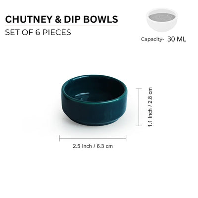 'Teal Forest' Hand Glazed Ceramic Chutney & Dip Bowls (Set of 6, 30 ml, Microwave Safe)