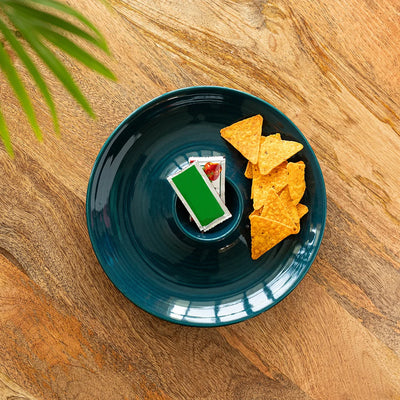 'Teal Forest' Chip-N-Dip Serving Platter In Ceramic (40 ml, Hand Glazed, Microwave Safe)