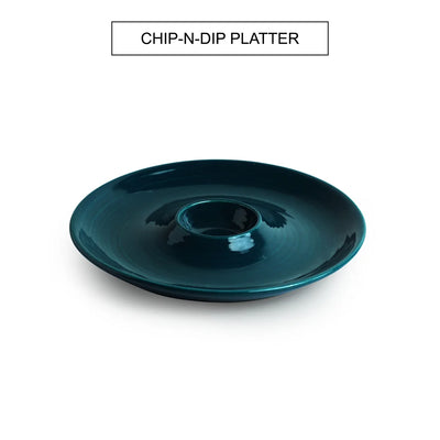 'Teal Forest' Chip-N-Dip Serving Platter In Ceramic (40 ml, Hand Glazed, Microwave Safe)