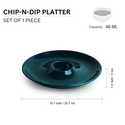 'Teal Forest' Chip-N-Dip Serving Platter In Ceramic (40 ml, Hand Glazed, Microwave Safe)