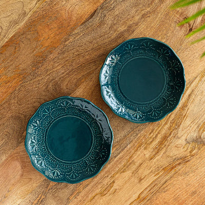 'Teal Forest' Hand Glazed Ceramic Side/Quarter Plates (Set of 2, Hand-Etched, Microwave Safe)