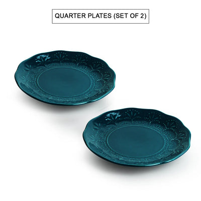 'Teal Forest' Hand Glazed Ceramic Side/Quarter Plates (Set of 2, Hand-Etched, Microwave Safe)