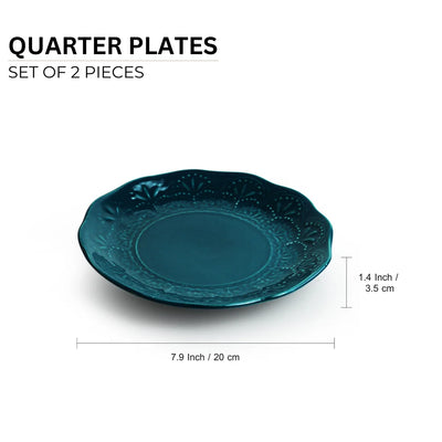 'Teal Forest' Hand Glazed Ceramic Side/Quarter Plates (Set of 2, Hand-Etched, Microwave Safe)