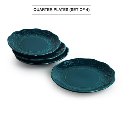 'Teal Forest' Hand Glazed Ceramic Side/Quarter Plates (Set of 4, Hand-Etched, Microwave Safe)