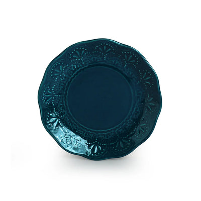 'Teal Forest' Hand Glazed Ceramic Side/Quarter Plates (Set of 6, Hand-Etched, Microwave Safe)