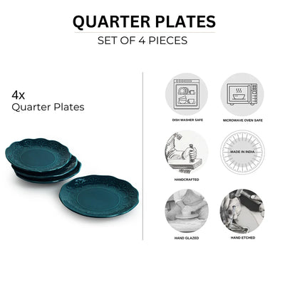 'Teal Forest' Hand Glazed Ceramic Side/Quarter Plates (Set of 6, Hand-Etched, Microwave Safe)