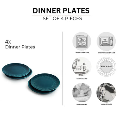 'Teal Forest' Hand Glazed Ceramic Dinner Plates (Set of 4, Hand-Etched, Microwave Safe)
