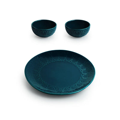 'Teal Forest' Hand Glazed Ceramic Dinner Plate With Dinner Katoris (3 Pieces, Serving for 1, Hand-Etched, Microwave Safe)