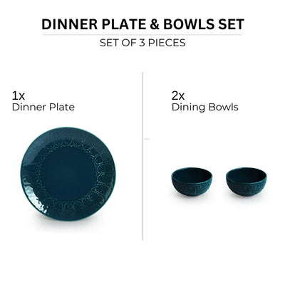 'Teal Forest' Hand Glazed Ceramic Dinner Plate With Dinner Katoris (3 Pieces, Serving for 1, Hand-Etched, Microwave Safe)