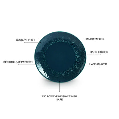 'Teal Forest' Hand Glazed Ceramic Dinner Plate With Dinner Katoris (3 Pieces, Serving for 1, Hand-Etched, Microwave Safe)