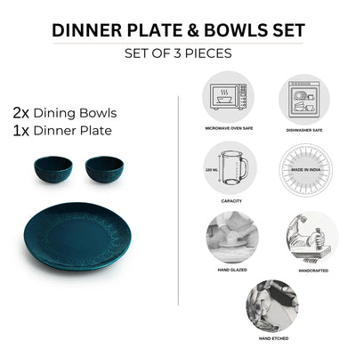 'Teal Forest' Hand Glazed Ceramic Dinner Plate With Dinner Katoris (3 Pieces, Serving for 1, Hand-Etched, Microwave Safe)