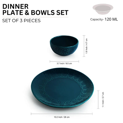 'Teal Forest' Hand Glazed Ceramic Dinner Plate With Dinner Katoris (3 Pieces, Serving for 1, Hand-Etched, Microwave Safe)