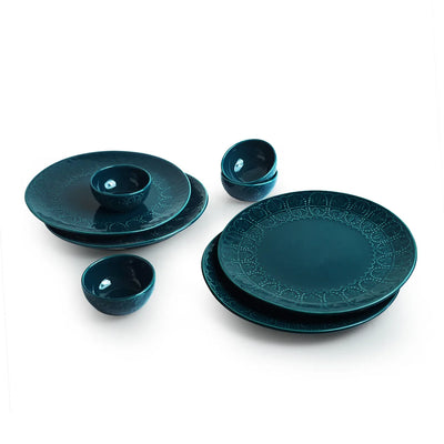 'Teal Forest' Hand Glazed Ceramic Dinner Plates With Dinner Katoris (8 Pieces, Serving for 4, Hand-Etched, Microwave Safe)