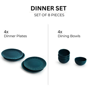 'Teal Forest' Hand Glazed Ceramic Dinner Plates With Dinner Katoris (8 Pieces, Serving for 4, Hand-Etched, Microwave Safe)