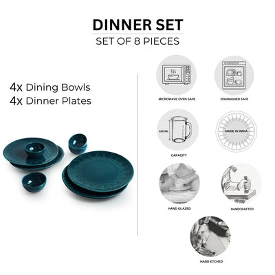 'Teal Forest' Hand Glazed Ceramic Dinner Plates With Dinner Katoris (8 Pieces, Serving for 4, Hand-Etched, Microwave Safe)