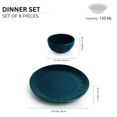 'Teal Forest' Hand Glazed Ceramic Dinner Plates With Dinner Katoris (8 Pieces, Serving for 4, Hand-Etched, Microwave Safe)