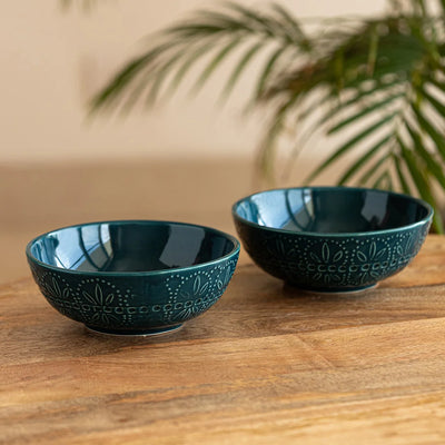 'Teal Forest' Hand Glazed Ceramic Serving Bowls (Set of 2, 600 ml, Hand-Etched, Microwave Safe)