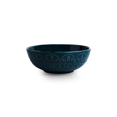 'Teal Forest' Hand Glazed Ceramic Serving Bowls (Set of 2, 600 ml, Hand-Etched, Microwave Safe)