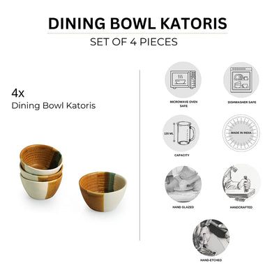 'Zen Garden' Hand Glazed Ceramic Dinner Bowls/Katoris (Set of 4, 120 ml, Microwave Safe)