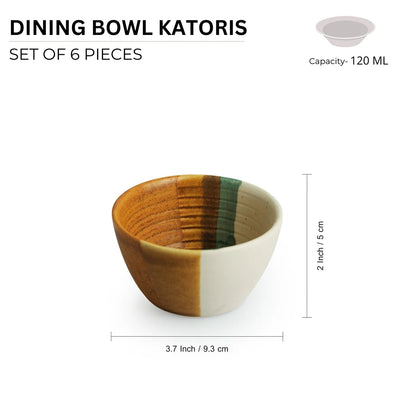 'Zen Garden' Hand Glazed Ceramic Dinner Bowls/Katoris (Set of 6, 120 ml, Microwave Safe)