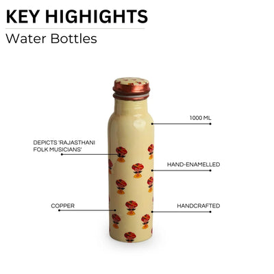 'Rajasthani Folk Musicians' Hand-Enamelled Drinking Copper Water Bottle (Leakproof, 1000 ml)