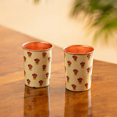 'Rajasthani Folk Musicians' Hand-Enamelled Water Glasses In Copper (Set of 2, 220 ml)