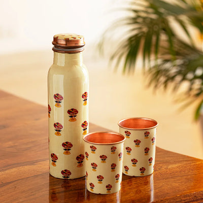 'Rajasthani Folk Musicians' Hand-Enamelled Drinking Copper Water Bottle & Glasses Set (1 Water Bottle, 2 Glasses)