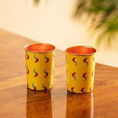 'Peacocks' Hand-Enamelled Water Glasses In Copper (Set of 2, 220 ml)