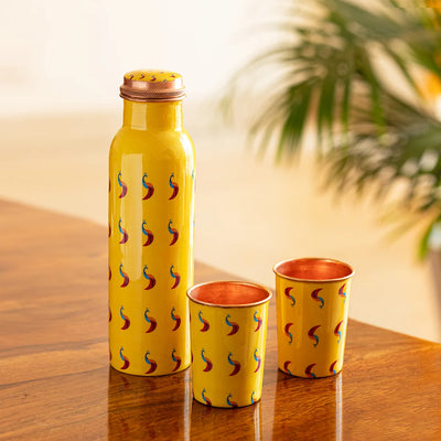 'Peacocks' Hand-Enamelled Drinking Copper Water Bottle & Glasses Set (1 Water Bottle, 2 Glasses)