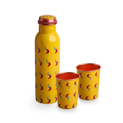 'Peacocks' Hand-Enamelled Drinking Copper Water Bottle & Glasses Set (1 Water Bottle, 2 Glasses)