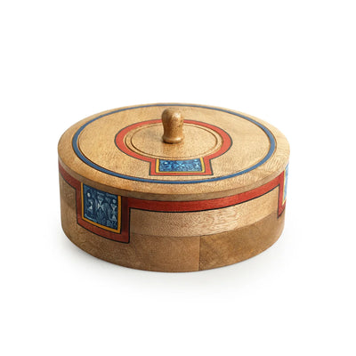 'Warli Tales' Hand-Painted Chapati Box With Lid In Mango Wood (8.5 Inch, 1080 ml)