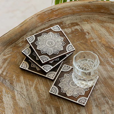 'Flower Block' Handcrafted Coasters (Set of 4, Sheesham Wood)