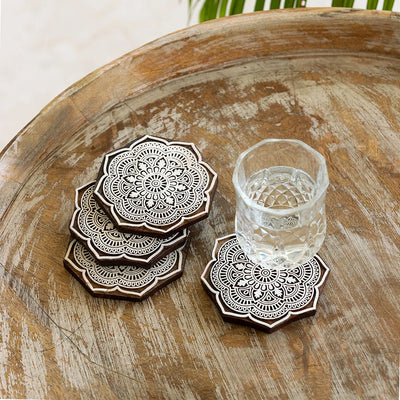 'Mandala Block' Handcrafted Floral Coasters (Set of 4, Sheesham Wood)