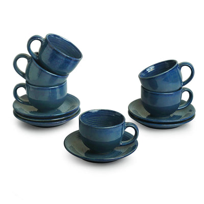 'Ocean Ripples' Hand Glazed Ceramic Tea Cups & Saucers (Set of 6, 120 ml, Microwave Safe)