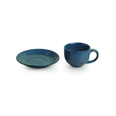 'Ocean Ripples' Hand Glazed Ceramic Tea Cups & Saucers (Set of 6, 120 ml, Microwave Safe)