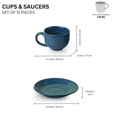 'Ocean Ripples' Hand Glazed Ceramic Tea Cups & Saucers (Set of 6, 120 ml, Microwave Safe)