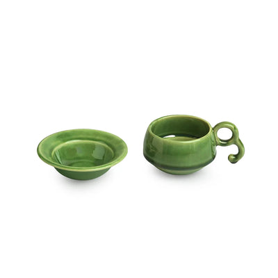 'Jade Forest' Hand Glazed Ceramic Tea Cups & Saucers (Set of 6, 120 ml, Microwave Safe)