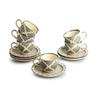 'Moroccan Essentials' Hand-Painted Ceramic Tea Cups & Saucers (Set of 6, 120 ml, Microwave Safe)