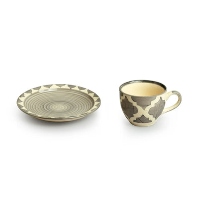 'Moroccan Essentials' Hand-Painted Ceramic Tea Cups & Saucers (Set of 6, 120 ml, Microwave Safe)