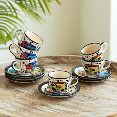 'The Hut' Hand-Painted Ceramic Tea Cups & Saucers (Set of 6, 120 ml, Microwave Safe)