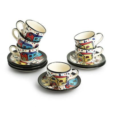 'The Hut' Hand-Painted Ceramic Tea Cups & Saucers (Set of 6, 120 ml, Microwave Safe)