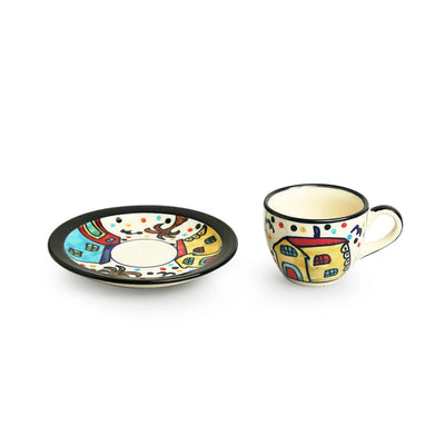 'The Hut' Hand-Painted Ceramic Tea Cups & Saucers (Set of 6, 120 ml, Microwave Safe)