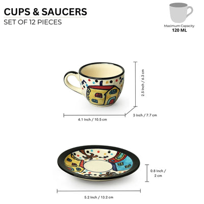 'The Hut' Hand-Painted Ceramic Tea Cups & Saucers (Set of 6, 120 ml, Microwave Safe)