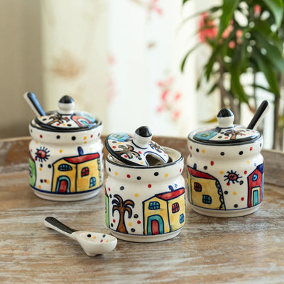 ExclusiveLane 'The Hut' Multi-Purpose Ceramic Pickle & Chutney Jar Set With Spoons (Set Of 3, Non-Airtight, 280 ML, Hand-Painted)